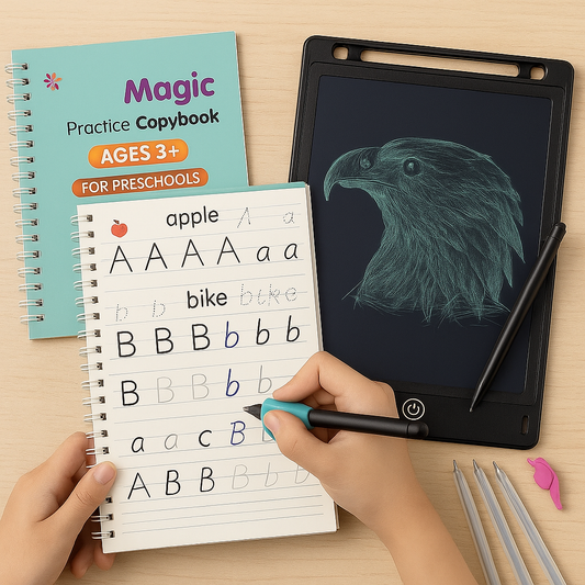 Magic Practice Copybook + LCD Writing Tablet (4 Books + 10 Refills + Pen Grip + 8.5" Digital Tablet)