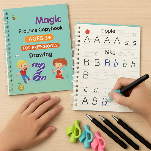 Magic Practice Copybook + LCD Writing Tablet (4 Books + 10 Refills + Pen Grip + 8.5" Digital Tablet)